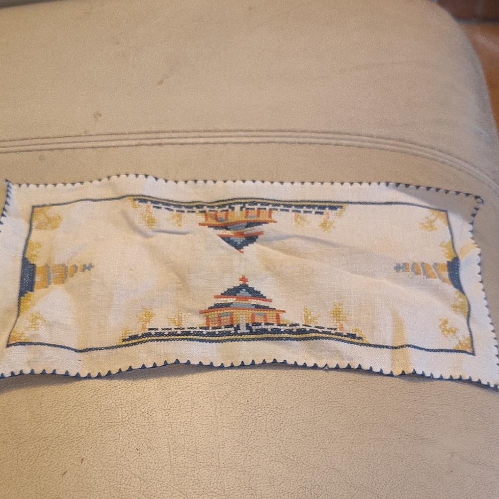 Elegant Beige and Blue Embroidered Table Linen
